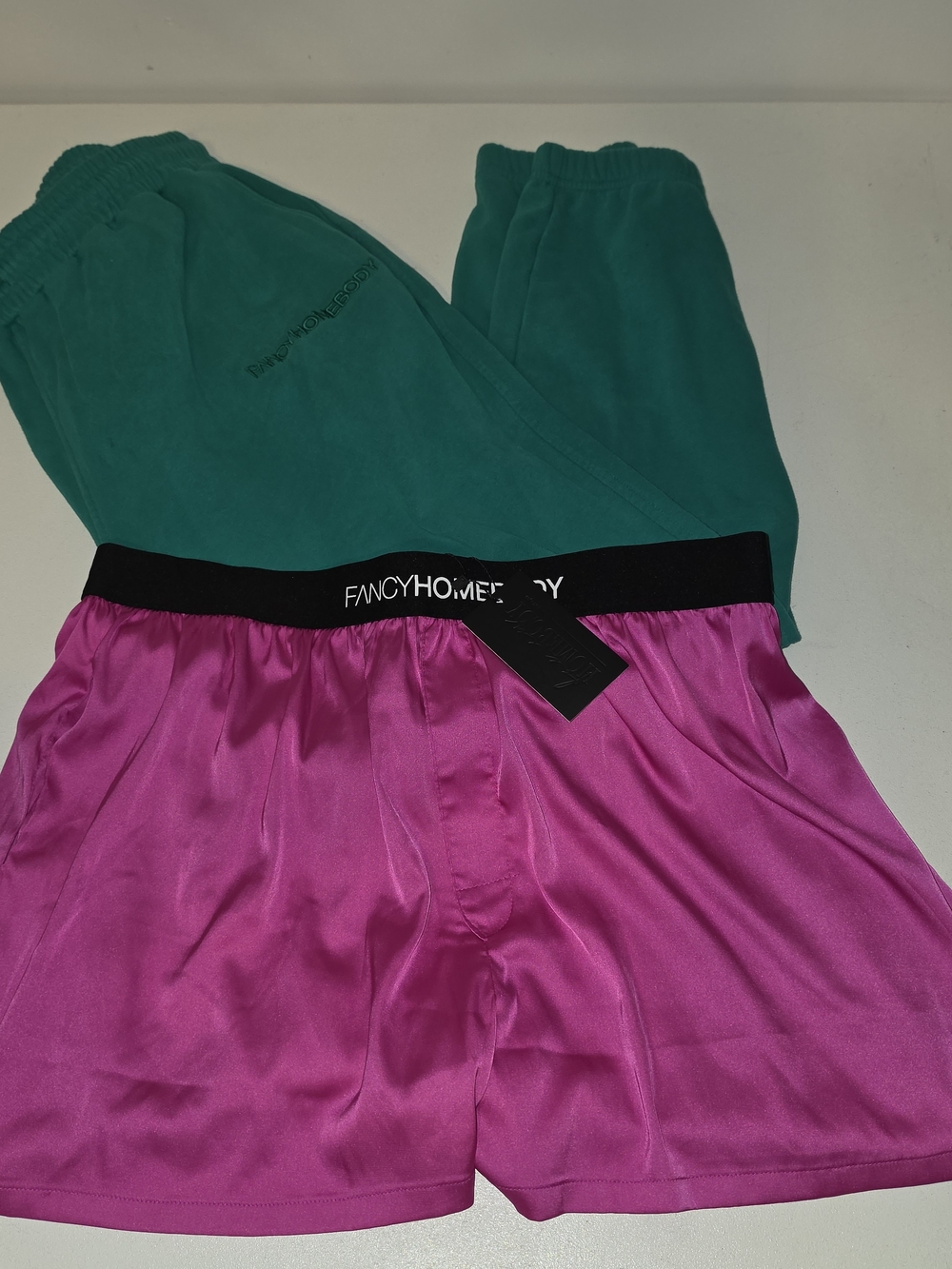 Bright Pink Satin Shorts with Elastic Logo Waistband (NWT) & Sweatpants (Likenew